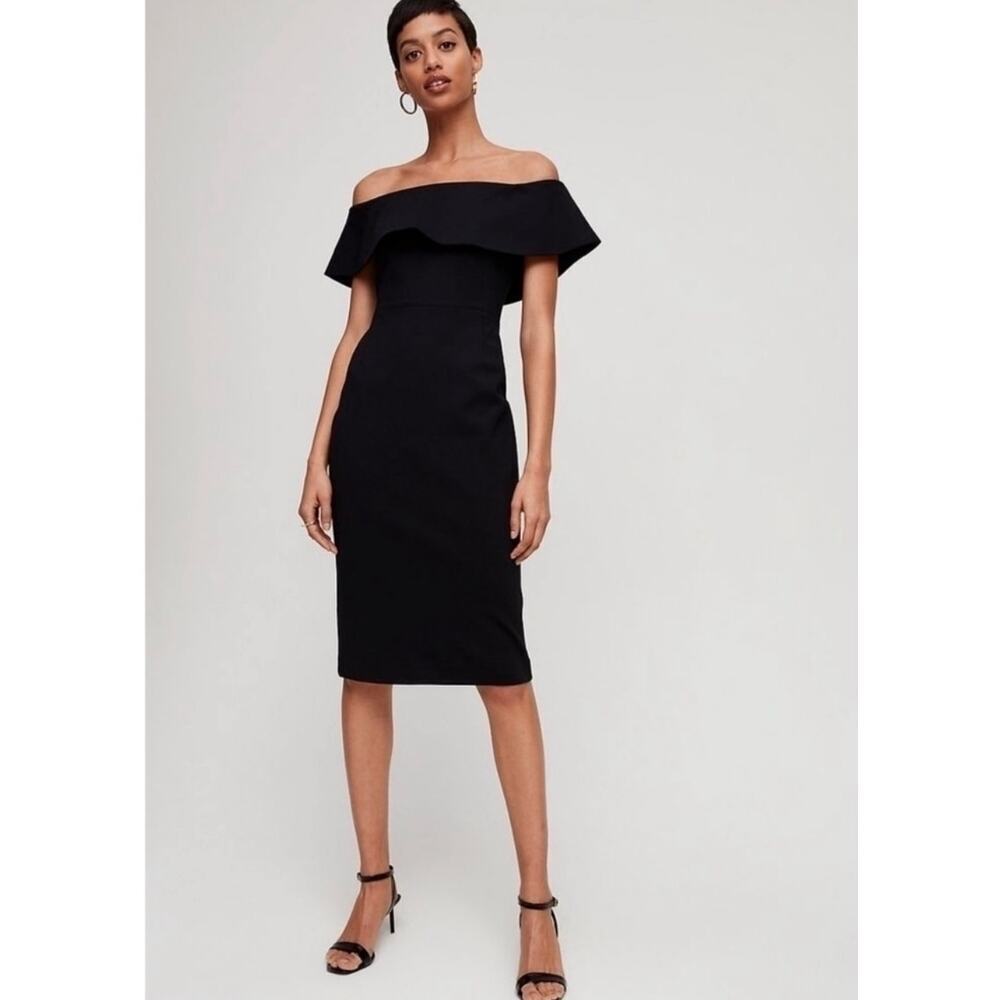 Babaton Ruslan Contour Dress Size 10 Black Off Shoulder Midi Bodycon Aritzia